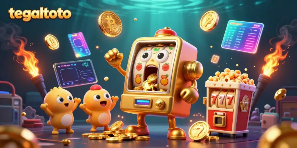 Experience the exciting world of tegaltoto with cartoon slot machines celebrating a jackpot!