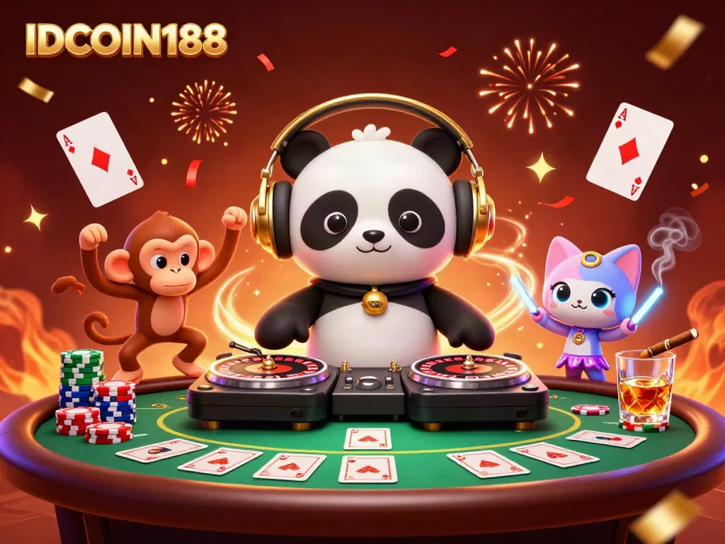 IDCOIN188 highlights a vibrant casino scene with a DJ panda and playful characters engaging in gaming excitement.
