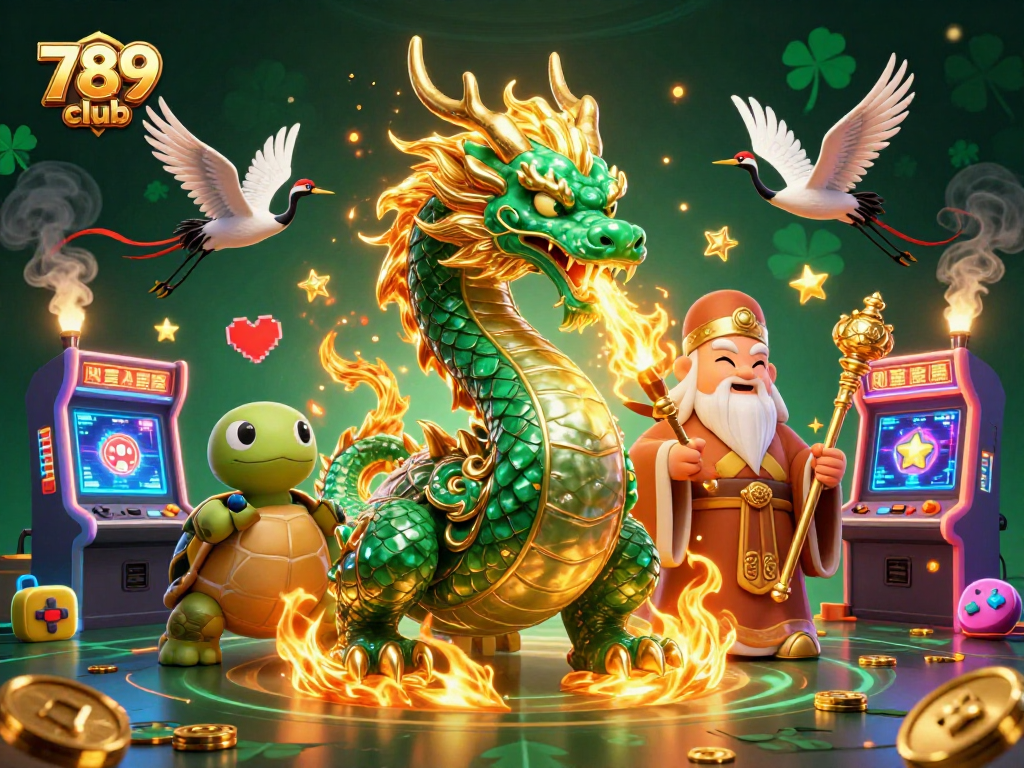Engage with the excitement of 789 club through vibrant gaming action featuring a jade dragon and lucky cranes.