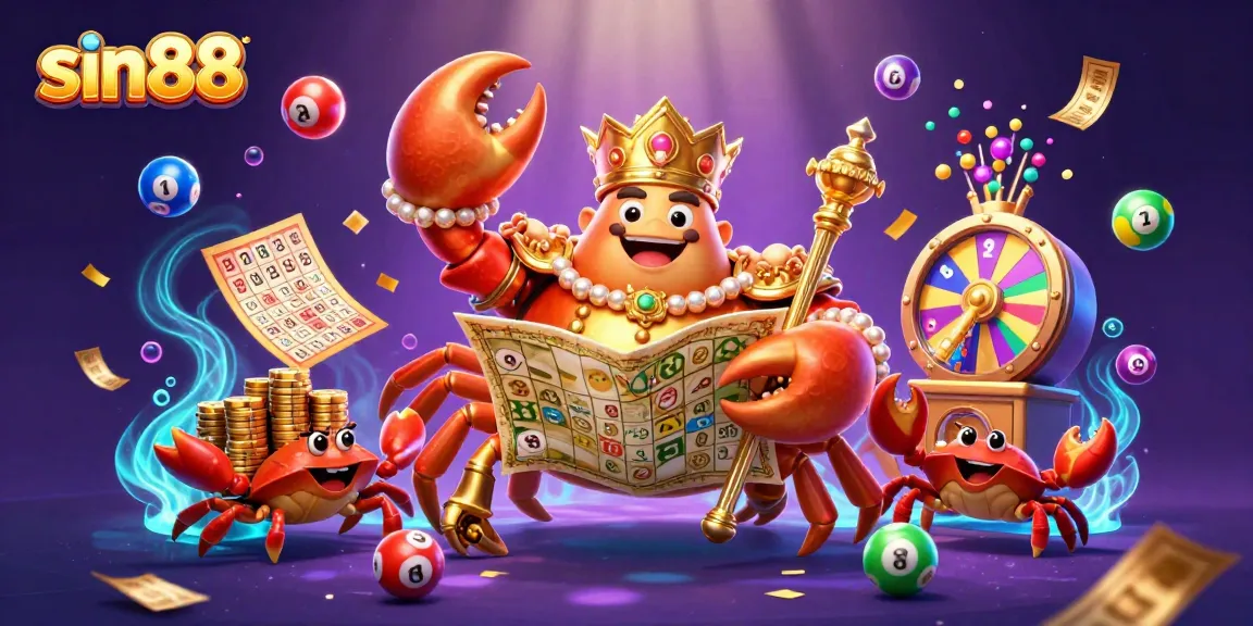 Experience exciting gaming with sin88 featuring a golden crab emperor amidst dynamic lottery elements.