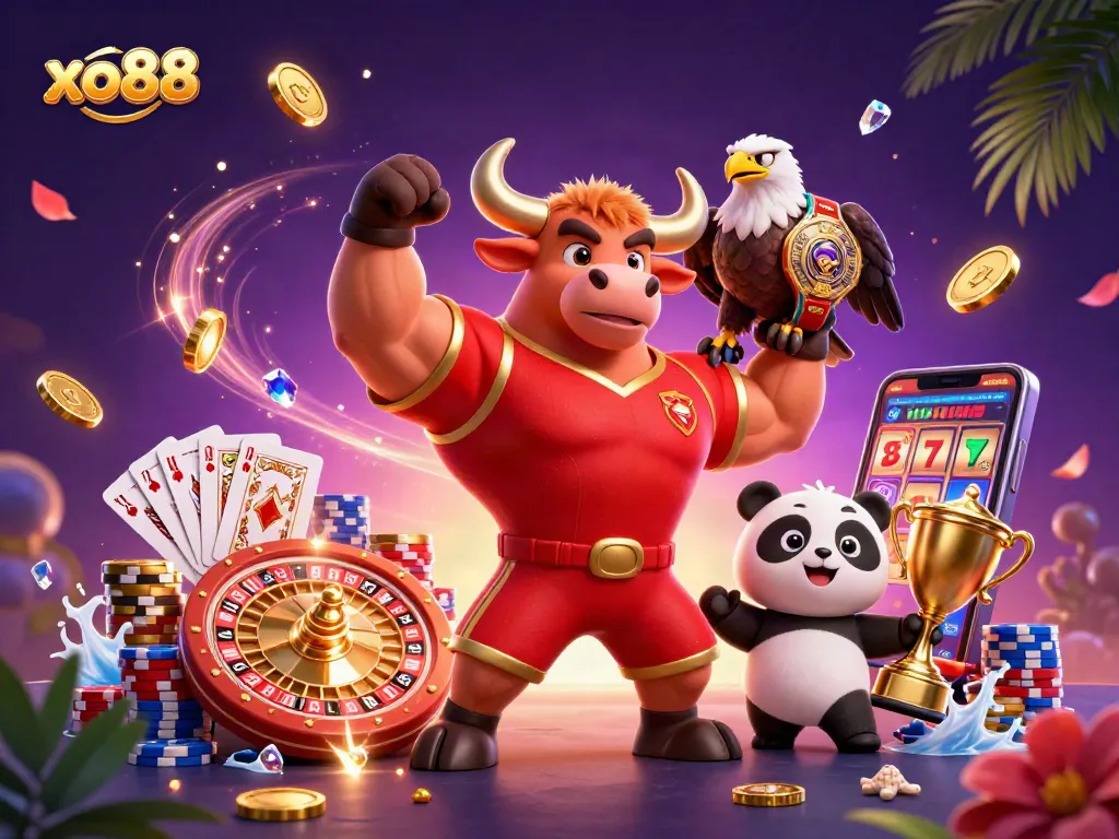 Win exciting prizes with xo88 in this vibrant sports betting 3D illustration featuring casino elements and characters.
