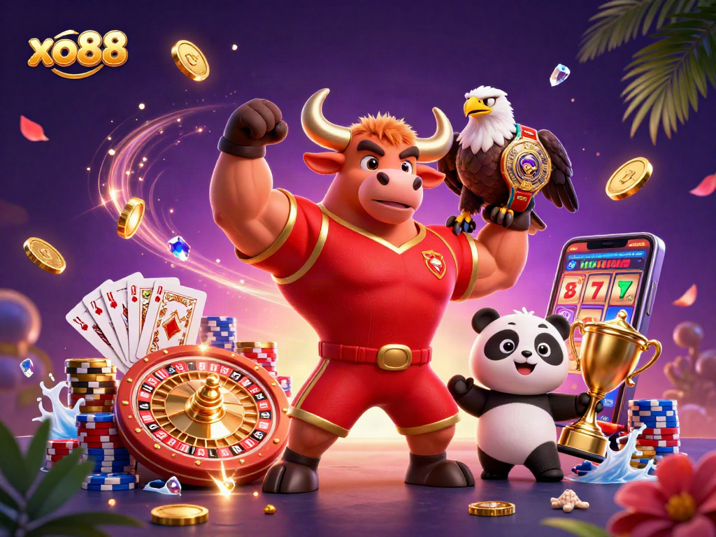 Win exciting prizes with xo88 in this vibrant sports betting 3D illustration featuring casino elements and characters.