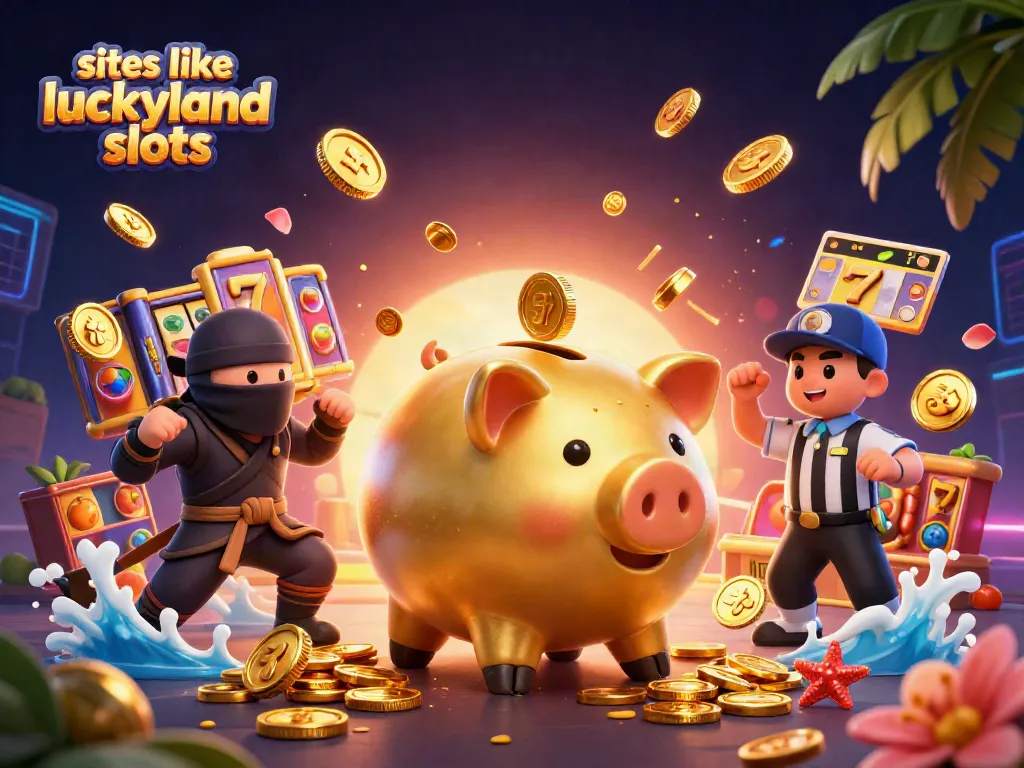 Engaging scene depicting lively characters showcasing sites like luckyland slots in a vibrant 3D casino environment.
