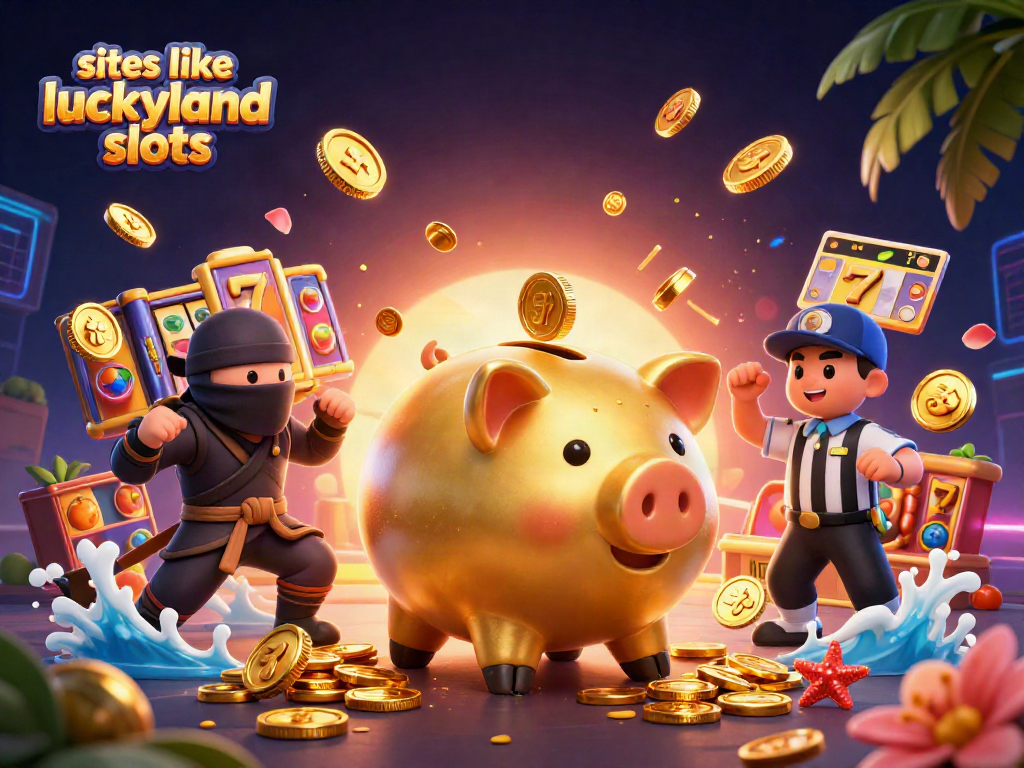 Engaging scene depicting lively characters showcasing sites like luckyland slots in a vibrant 3D casino environment.