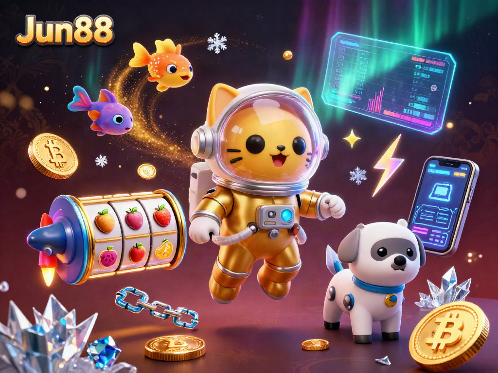 Engage with Jun88’s thrilling slot adventures featuring a space cat and robot dog.