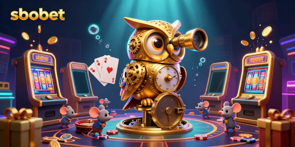 Engage with sbobet’s thrilling casino action in a vibrant 3D illustration featuring a golden owl and dynamic gaming elements.