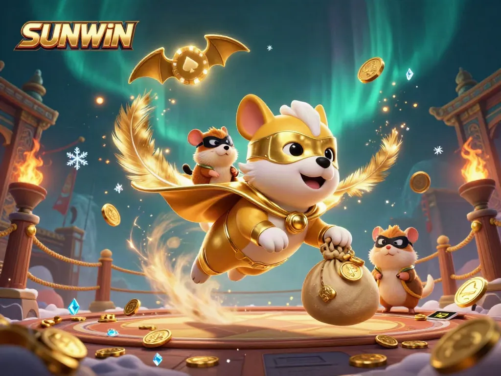 Engage with SUNWIN's thrilling gaming experience, as a superhero dog flies through a vibrant casino world, packed with gold coins and excitement.