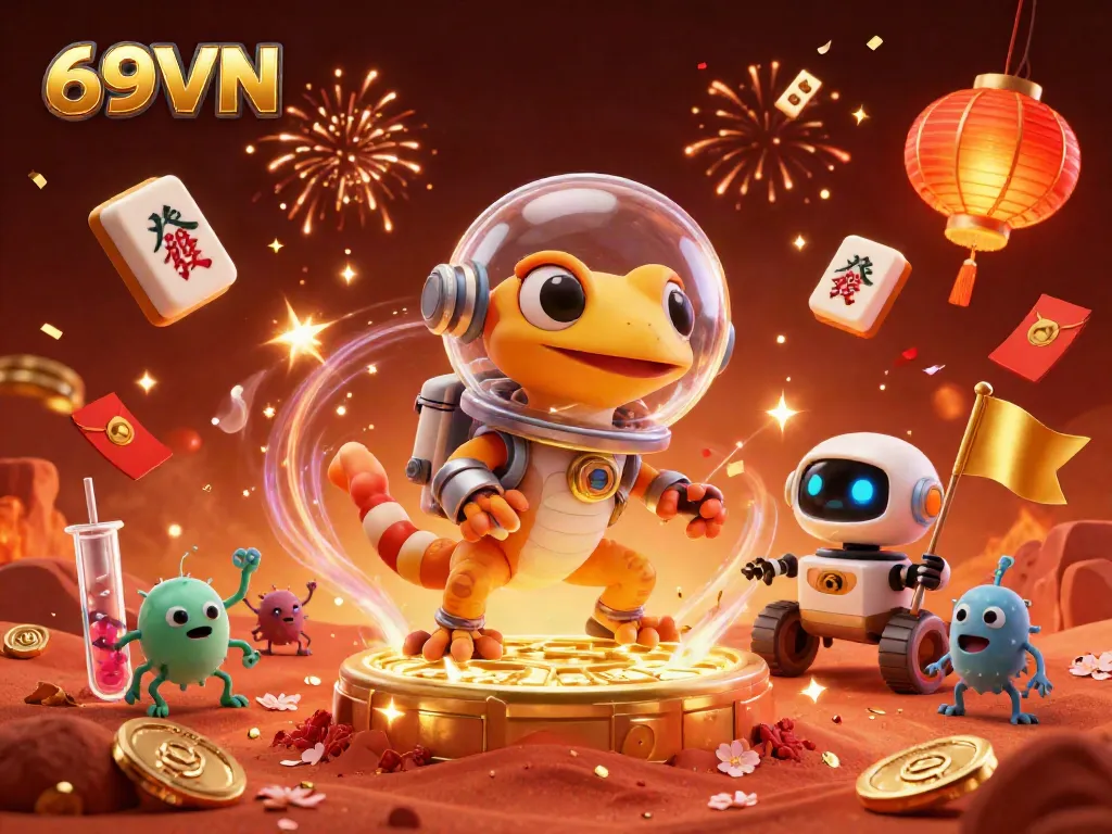 Experience the vibrant world of 69VN with an exciting alien casino discovery and celebratory elements.