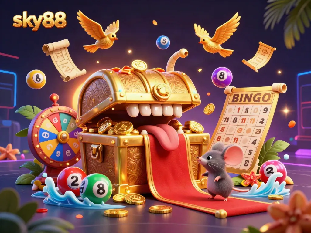 Join the excitement at sky88 with a vibrant scene of adventure and winnings, featuring rich game elements.