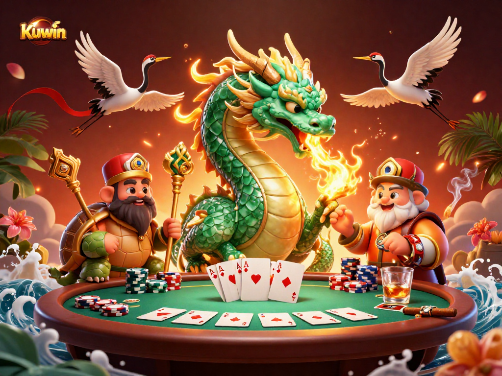 Kuwin showcases a dramatic 3D dragon and turtle at a vibrant poker table, embodying casino excitement.