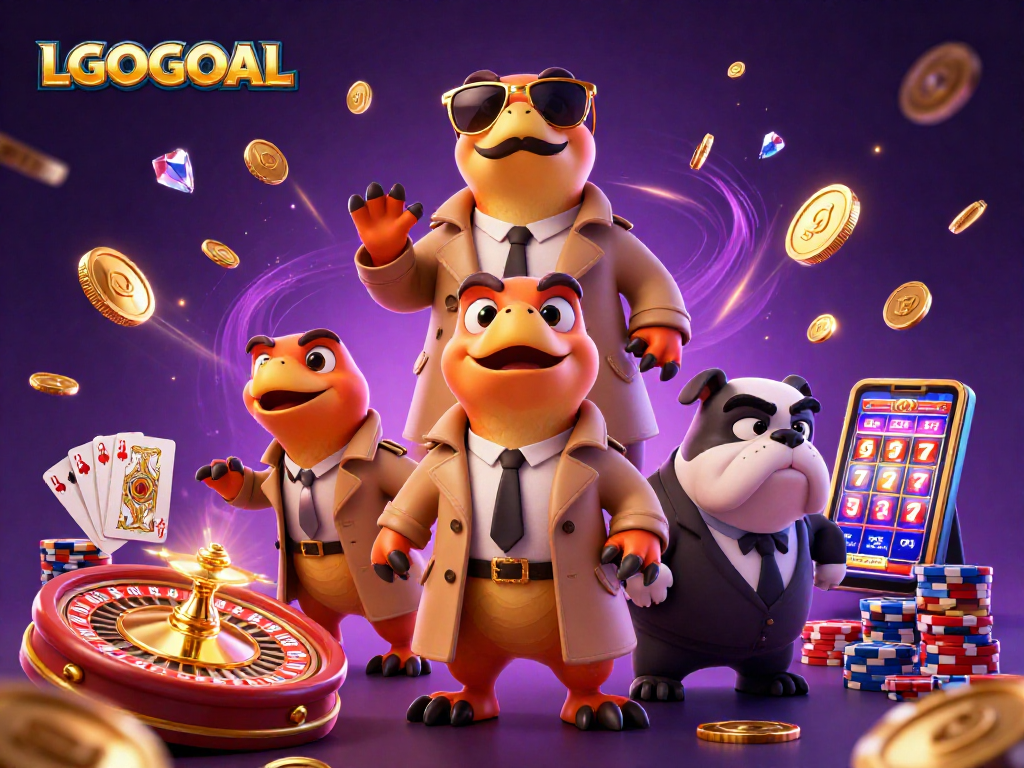 Experience the vibrant energy at LGOGOAL's VIP lounge with raptors in disguise and sparkling casino elements.