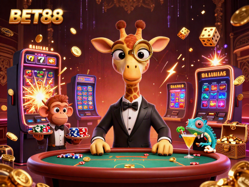 Trải nghiệm BET88 với gấu cao cổ, khỉ phục vụ và tắc kè tạo cocktail sang trọng giữa cảnh sòng bạc lấp lánh.