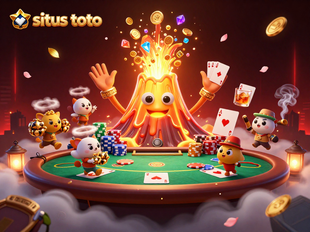 Experience thrilling moments at situs toto with treasures erupting from a golden volcano amidst vibrant casino elements.