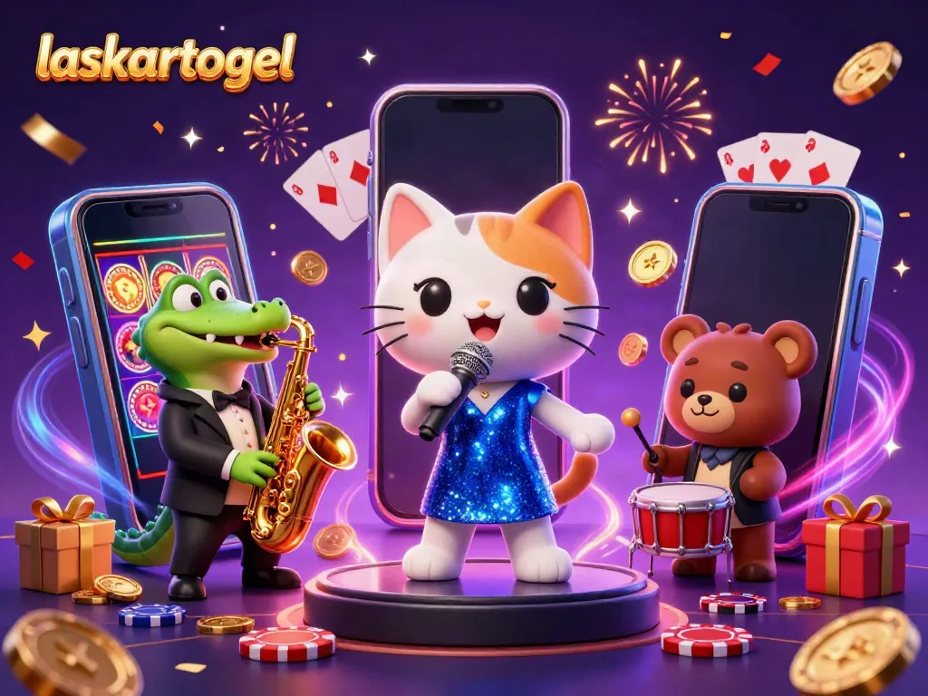 Enjoy the excitement at Laskartogel with a lively casino scene featuring a jazz-singer cat and friends.