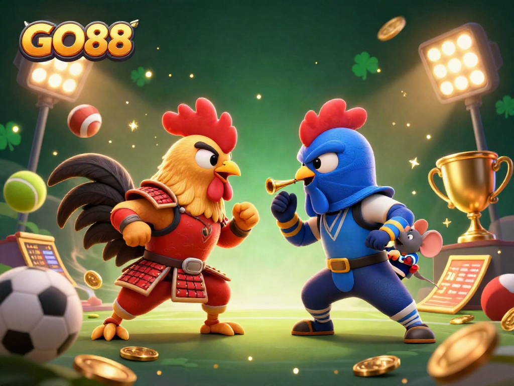 Engage in top GO88 gameplay as fierce roosters battle, surrounded by sports elements and golden coins.