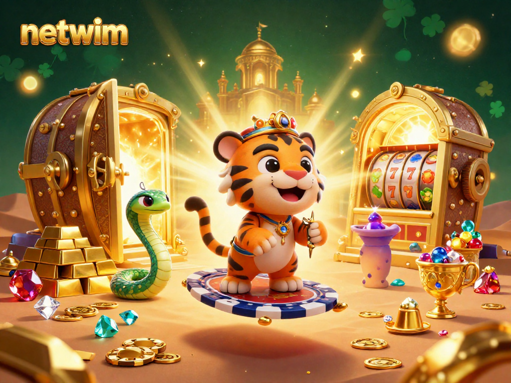 Spin to win with netwim in a lavish casino scene featuring a tiger sultan and treasures.