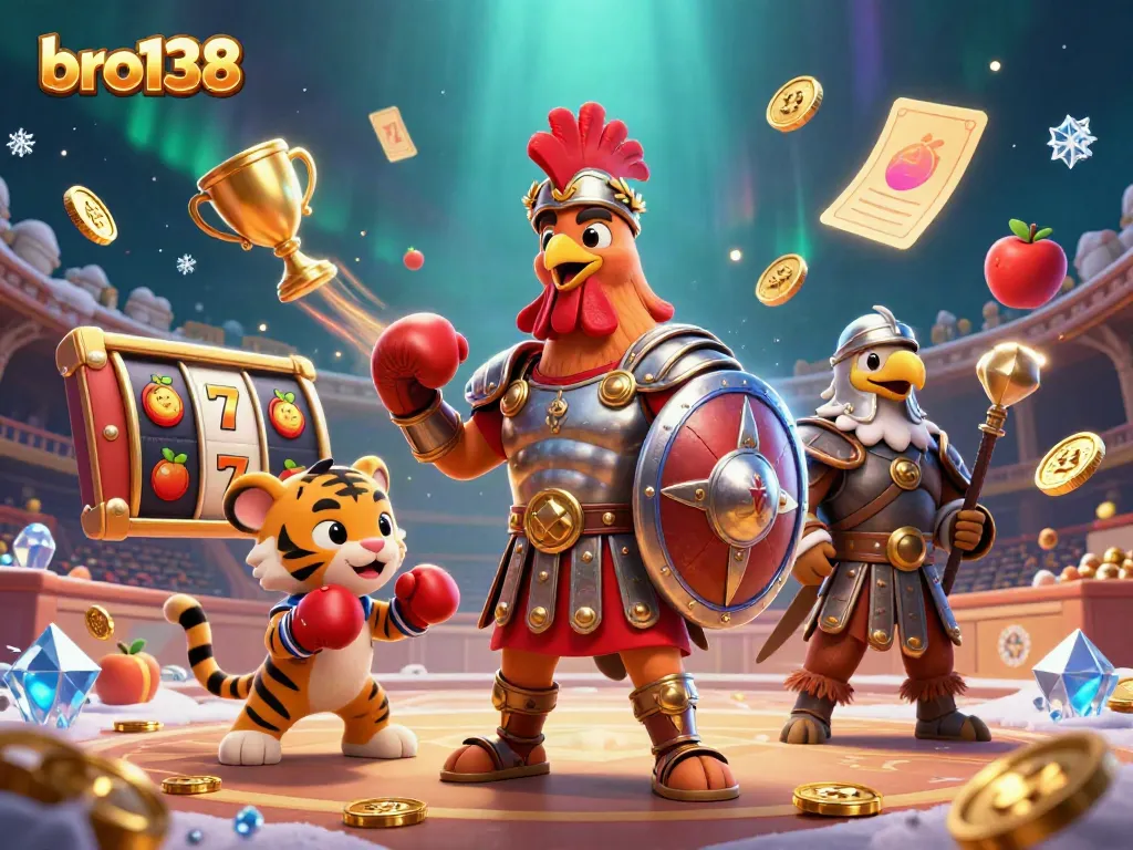 Join the adventure at bro138 with a gladiator rooster and lucky symbols in a vibrant casino scene.