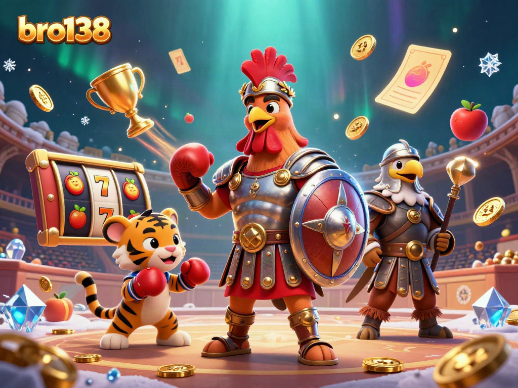 Join the adventure at bro138 with a gladiator rooster and lucky symbols in a vibrant casino scene.