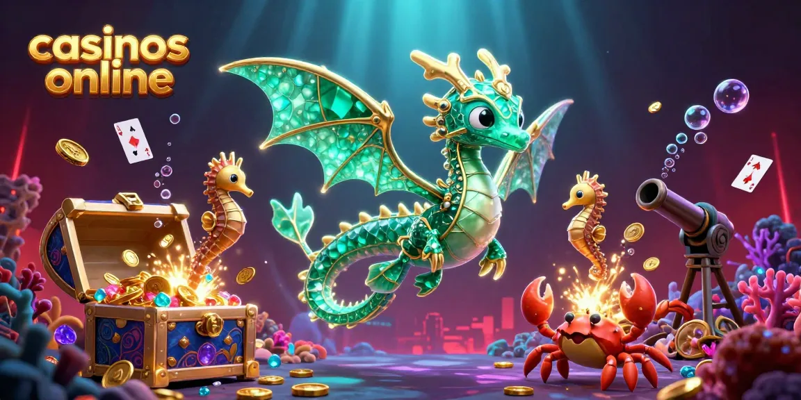 Disfruta de casinos online con un dragón marino y tesoros bajo el agua, resaltando la alegría del juego.
