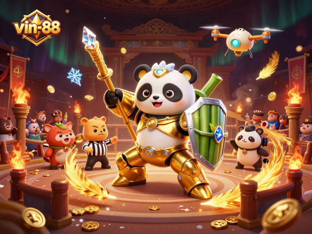 vin-88 showcases a dynamic panda robot battle scene with vibrant details and casino elements.