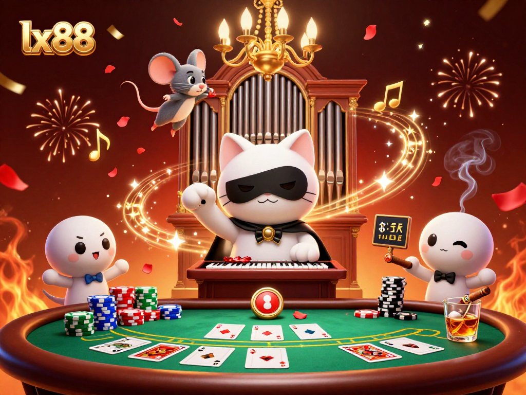 Experience the thrill of lx 88 with a dynamic casino scene featuring animated characters and vibrant poker elements.