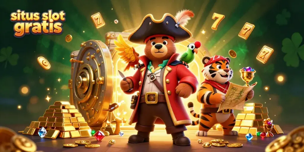 Sweep into adventure with situs slot gratis, featuring a playful pirate bear, tiger mate, and golden treasures.