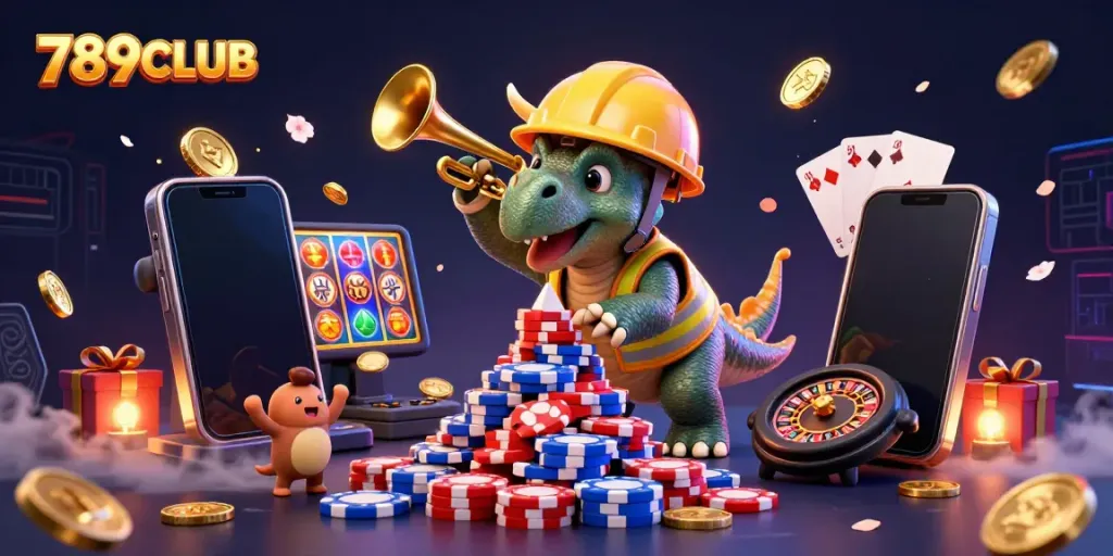 Engage in exciting gameplay at 789CLUB with a lively 3D casino scene full of vibrant characters and games.