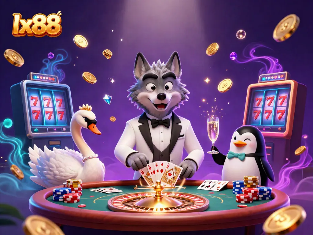 Experience luxury gaming at lx88 with a debonair wolf, elegant swan, and sophisticated penguin in a dynamic casino scene.
