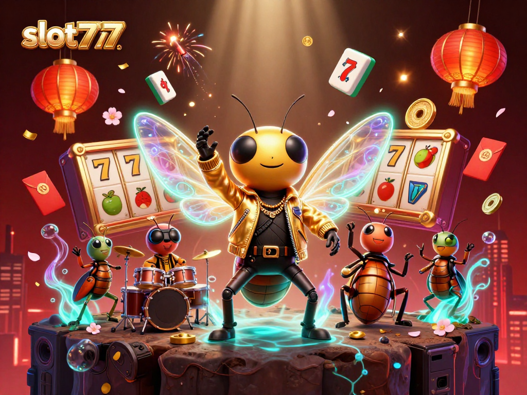 Experience big wins with slot777: a vibrant 3D casino scene featuring exciting game symbols and rock star characters.