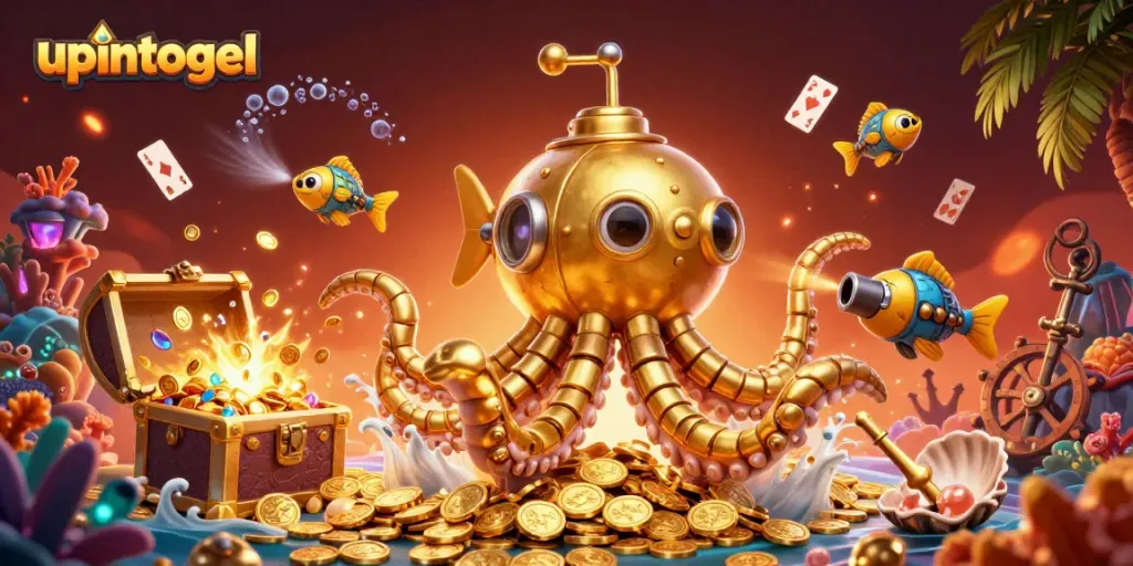 Menangkan peluang di upintogel dengan ilustrasi kraken emas dan harta karun berkilauan.