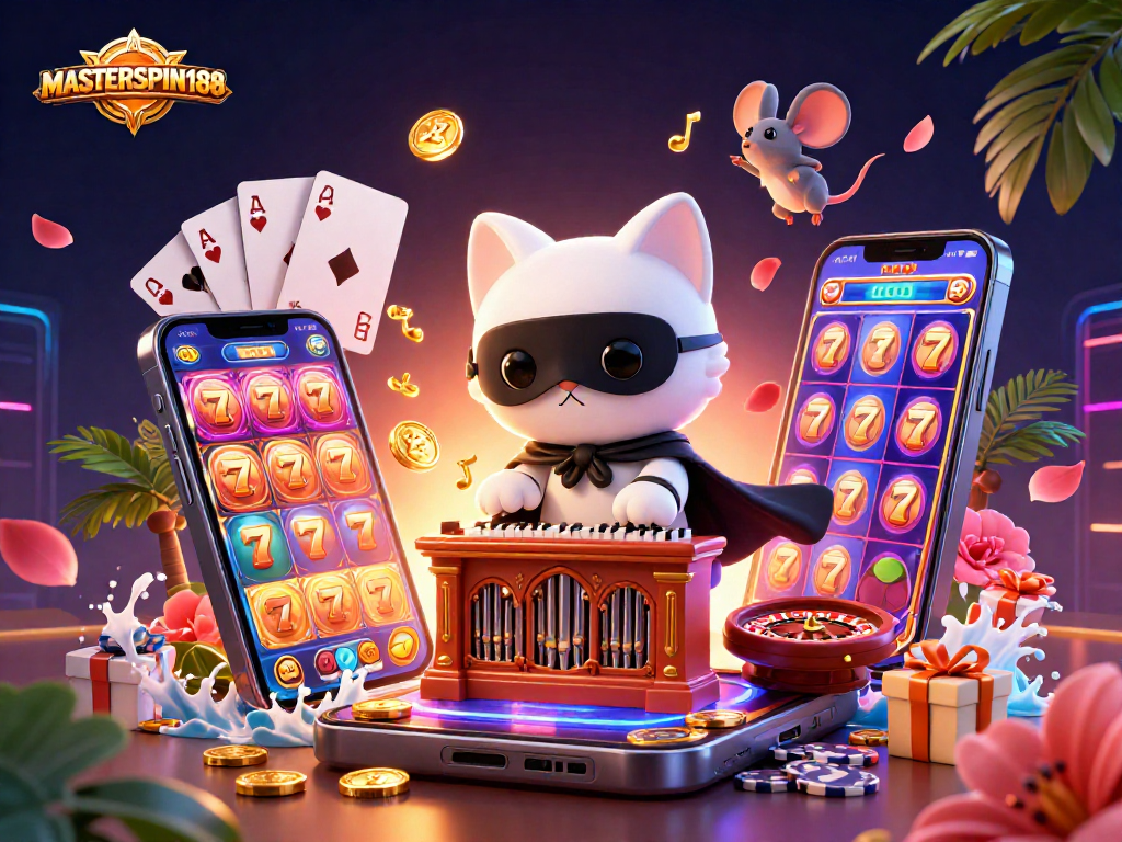 Masterspin188 showcases an enchanting 3D casino scene featuring a charming cat organist and vibrant slot games.