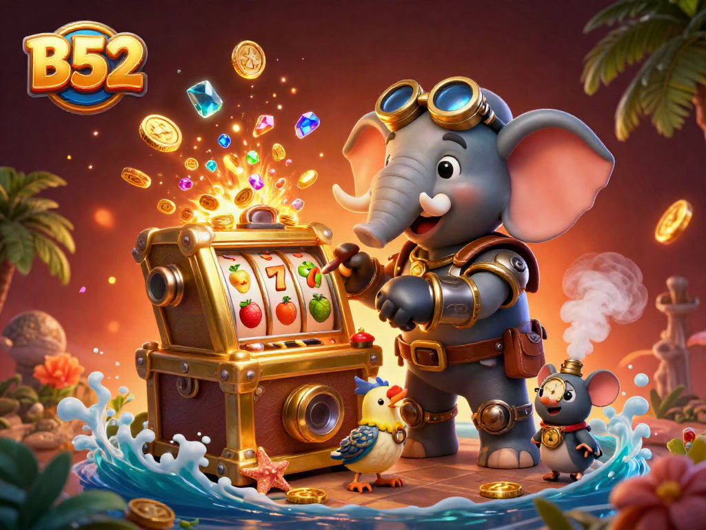 B52 offers an engaging gaming experience with a dynamic scene featuring a steampunk elephant and golden slot machine.