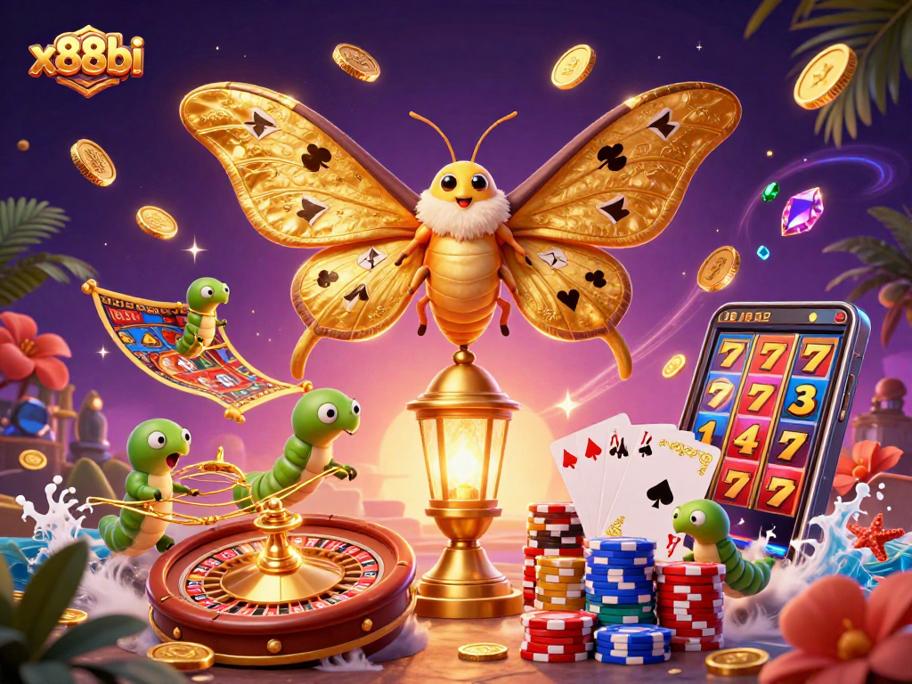 x88bi spins an exhilarating 3D casino scene with golden coins, roulette wheels, and vibrant playing cards.