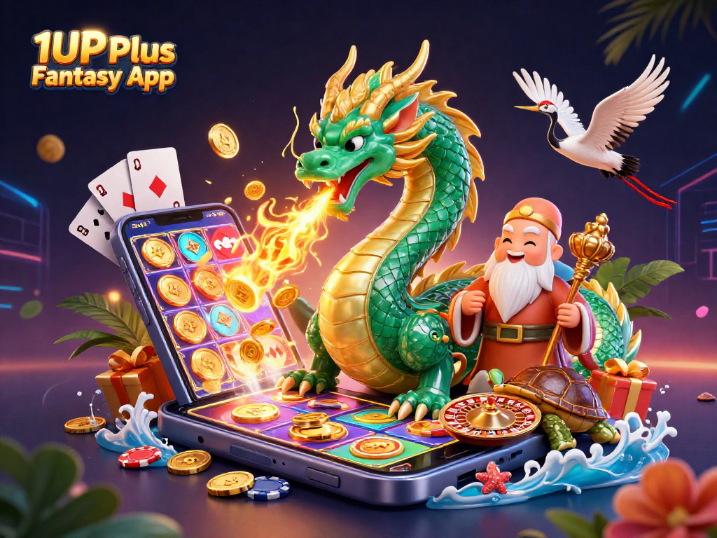 Spin and win with the 1UP Plus Fantasy App featuring a dragon, sage, and fluttering cranes.