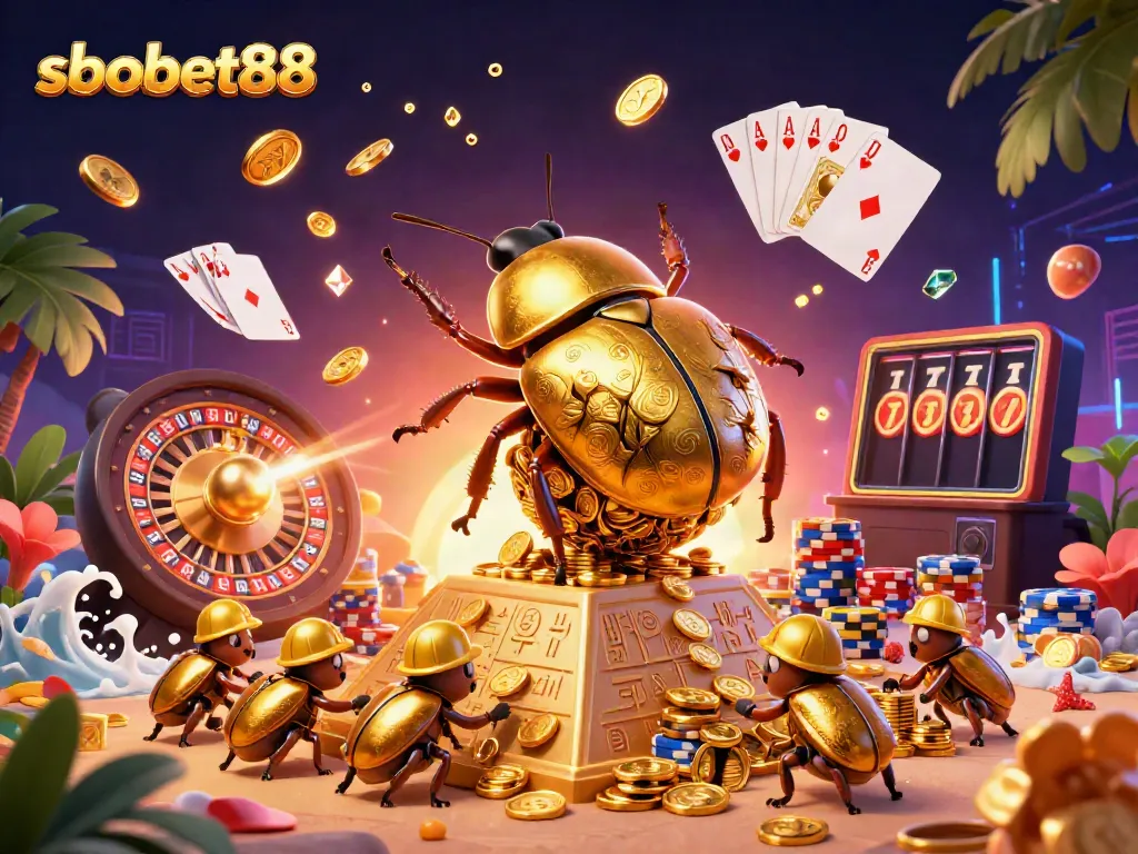 Engage with sbobet88's thrilling gaming experience as cartoon beetles create a golden coin pyramid.