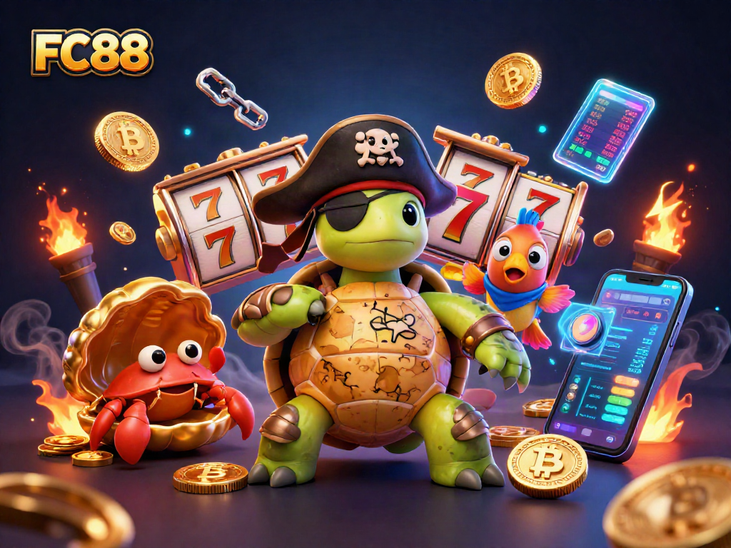FC88 showcases a thrilling slot gaming scene featuring a pirate turtle with crypto elements and vibrant characters.