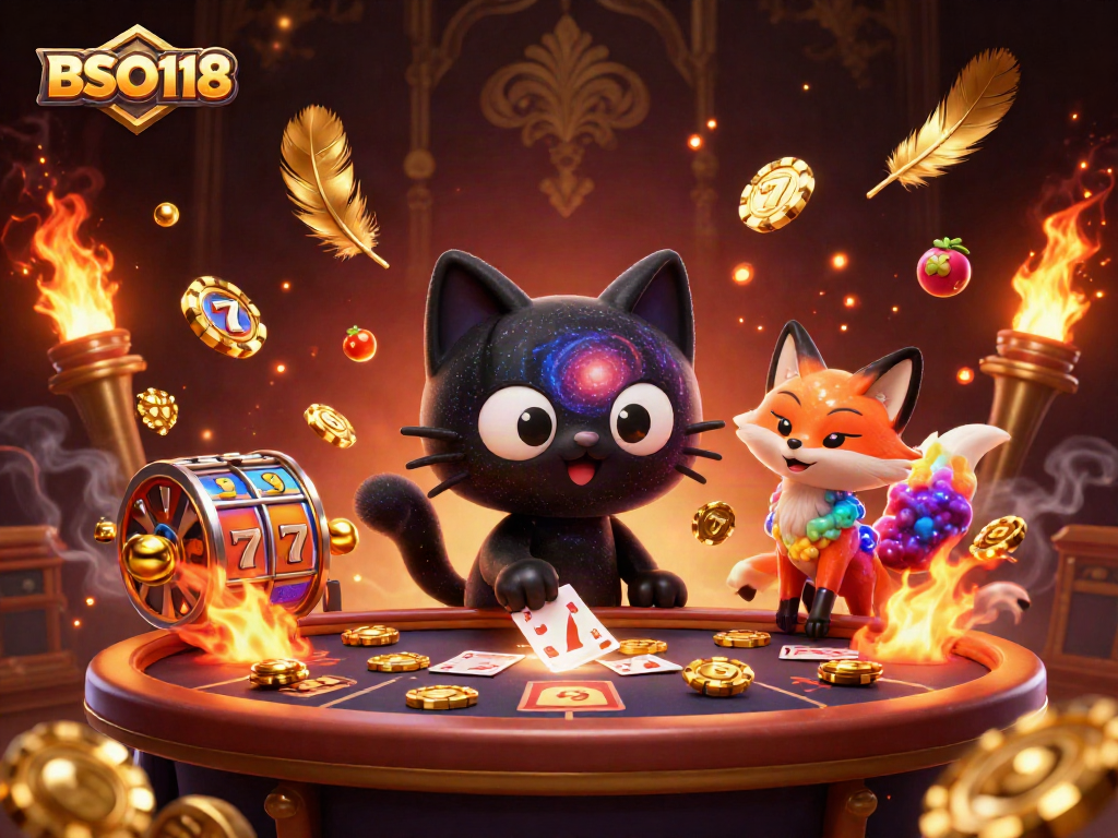 Engage with BSO118 as the black hole cat collects golden chips and slot symbols in a vibrant cosmic casino.