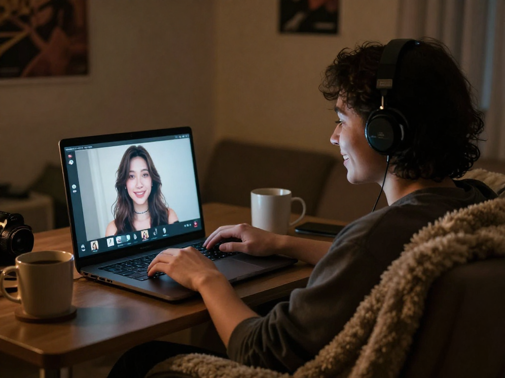Engaging in ai porn chat with a cozy laptop setup and soft ambient lighting.