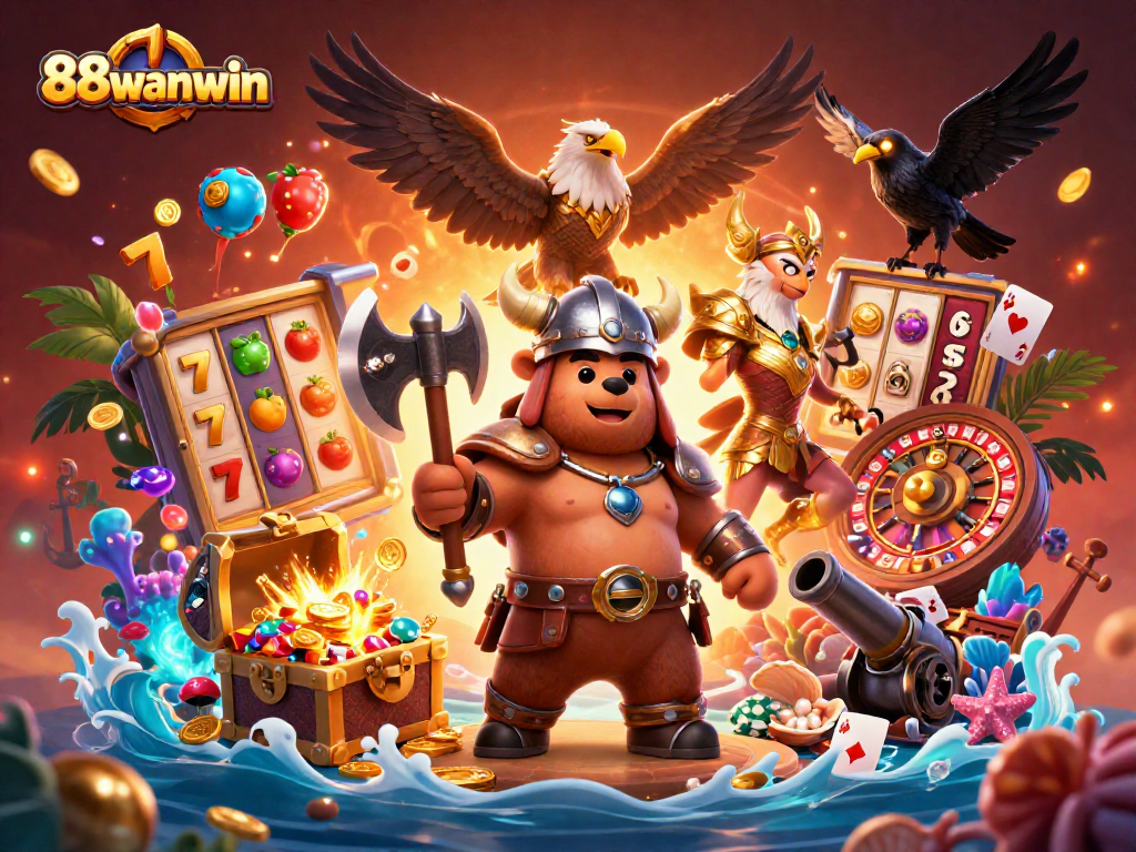 Experience live casino thrills with 88wanwin's vibrant 3D scene featuring dynamic characters and slot visual elements.