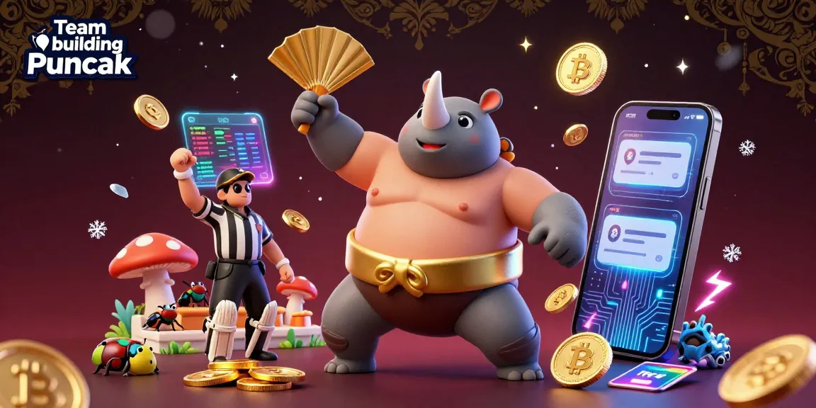Experience thrilling Team building Puncak with vibrant illustration of beetles winning coins and crypto elements.