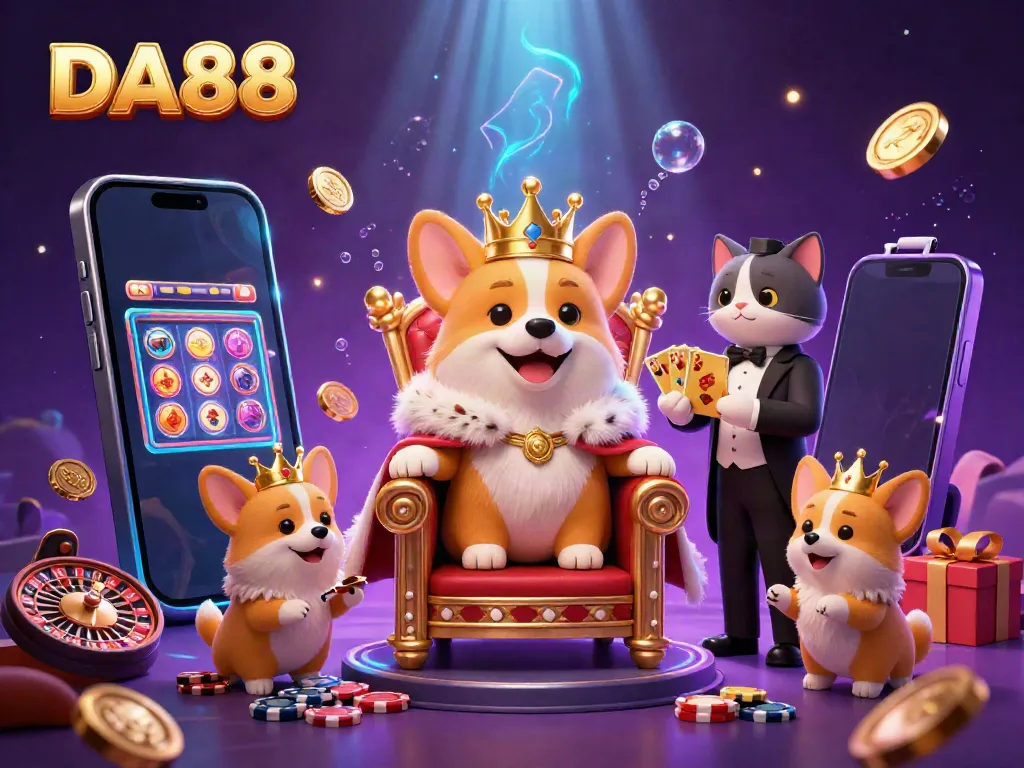 Celebrate your winnings with DA88 in a vibrant 3D illustration featuring royal corgis and dynamic casino elements.