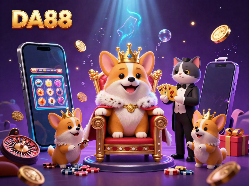 Celebrate your winnings with DA88 in a vibrant 3D illustration featuring royal corgis and dynamic casino elements.
