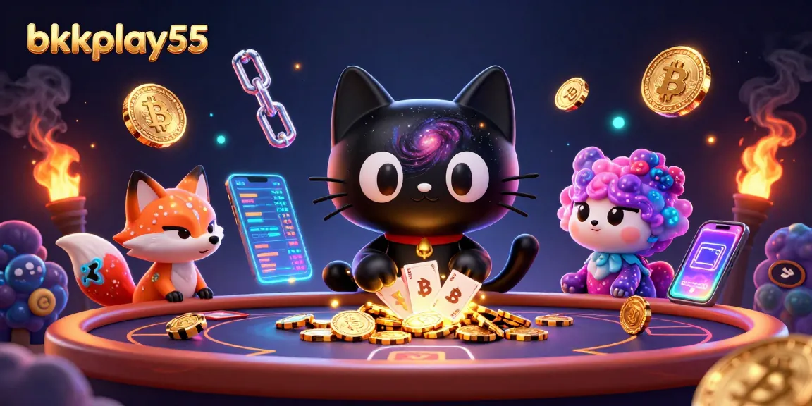 BKKPlay55 features an engaging cosmic casino scene showcasing a black hole cat and nebula fox amid golden chips