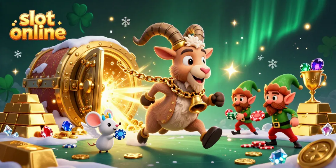 Aksi bermain slot online di kasino dengan karakter kartun Krampus, mouse, dan elf yang mencuri chip.
