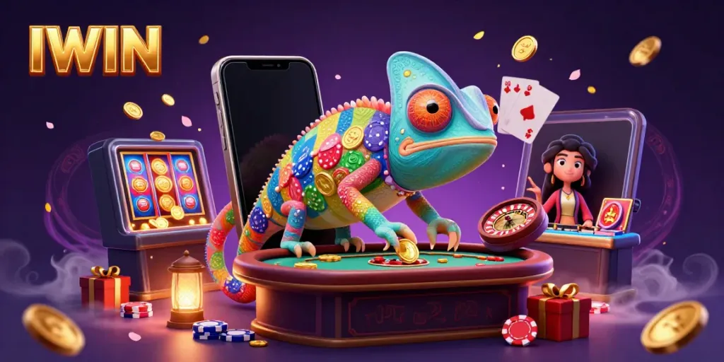 IWIN offers an engaging chameleon casino owner character with immersive gambling elements creating excitement.