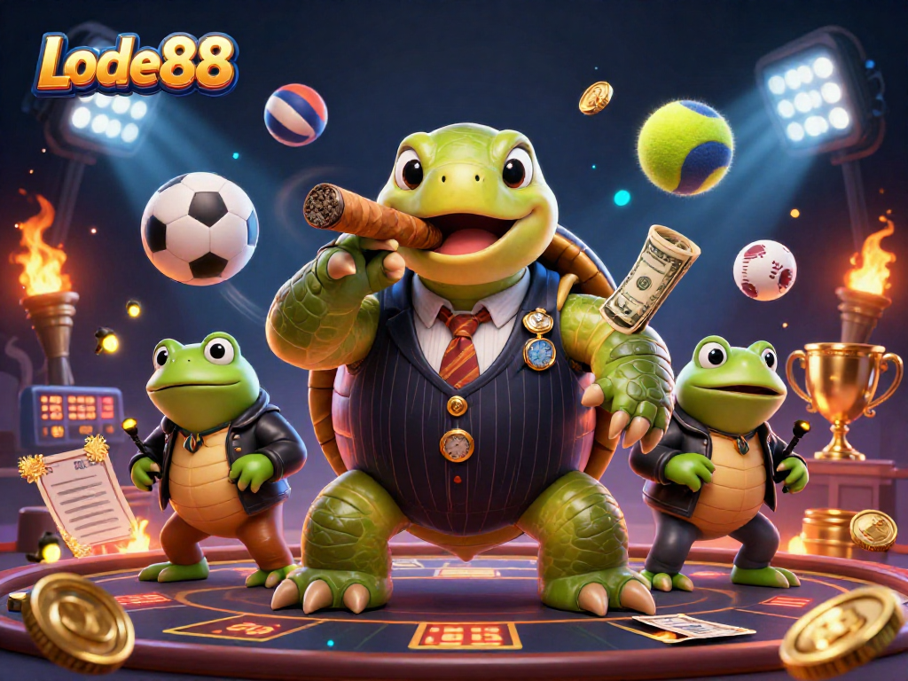Lode88 features a massive snapping turtle in a mobster suit with fireflies, enjoying a cigar among dynamic sports betting elements.