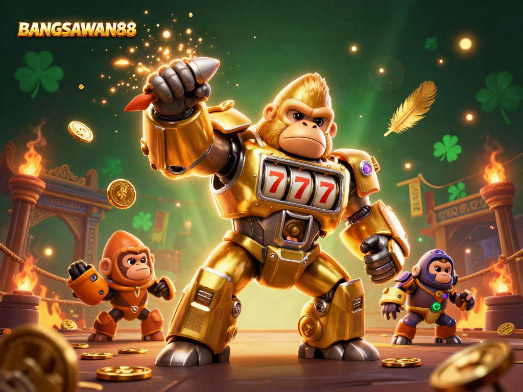BANGSAWAN88 showcases a dynamic 3D illustration with a golden gorilla mech and vibrant gaming elements