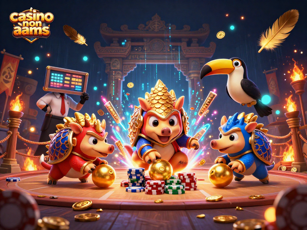 Giocare nel casino non aams con pangolini sfidanti che rotolano su gettoni e palloni d'oro.