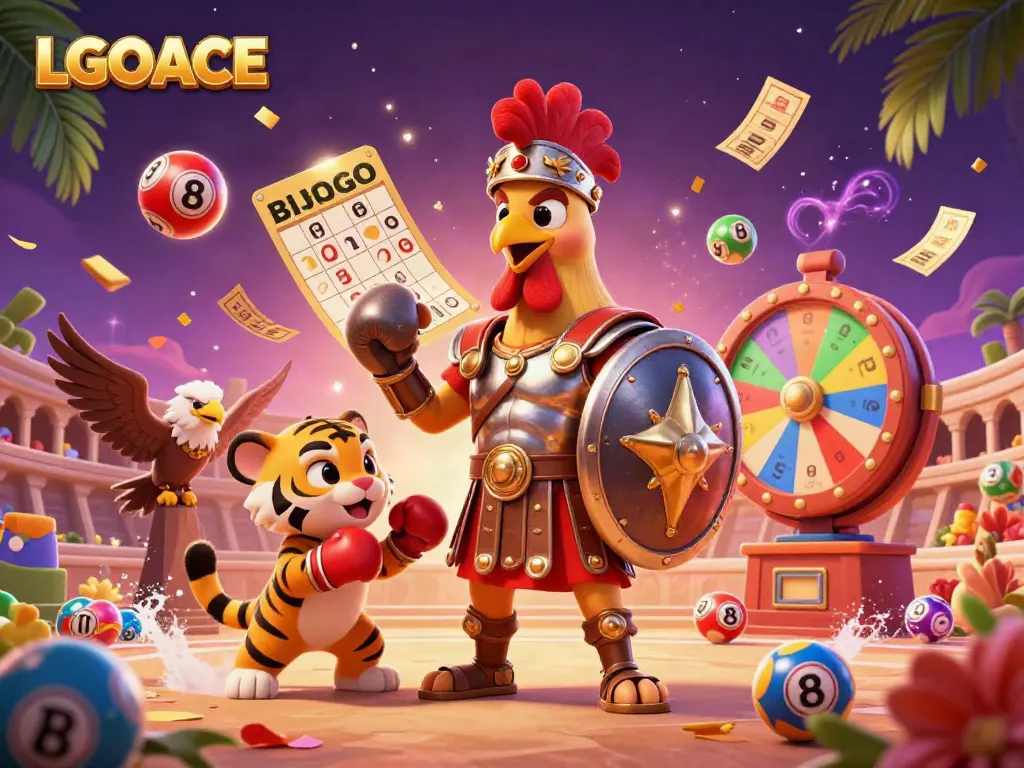 LGOACE showcases dynamic cartoon action with a gladiator rooster and elements of excitement in a vibrant gambling scene.