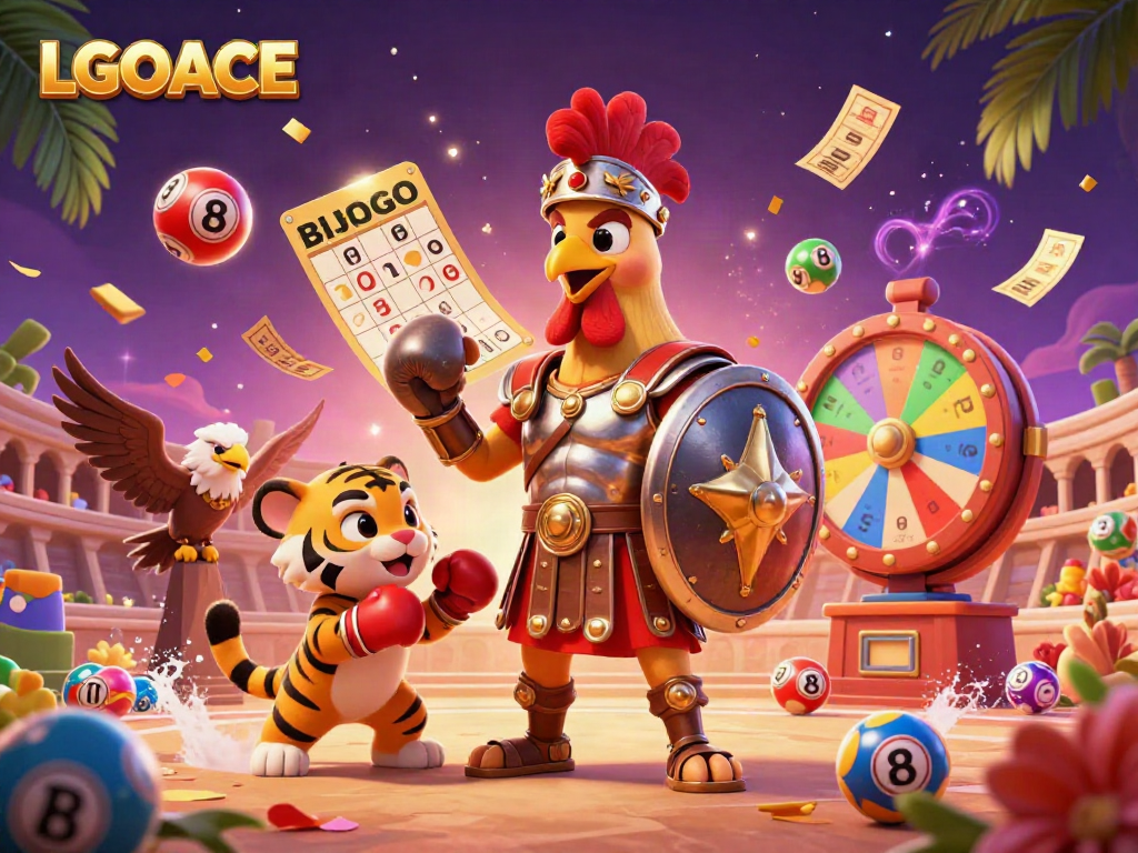 LGOACE showcases dynamic cartoon action with a gladiator rooster and elements of excitement in a vibrant gambling scene.